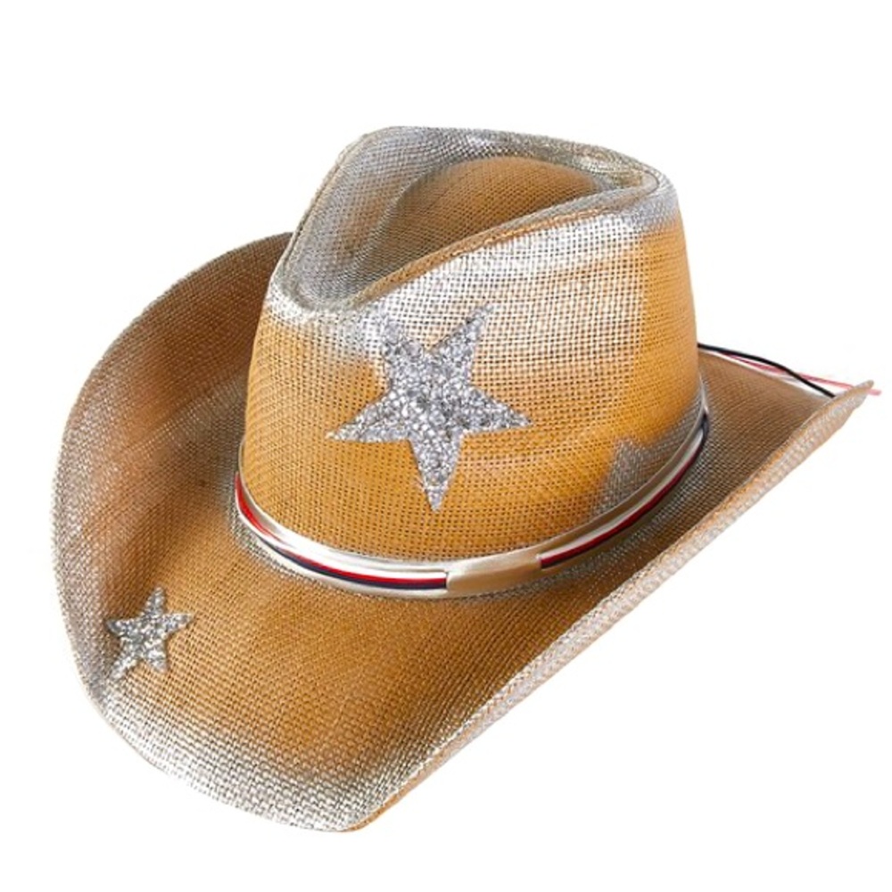 Tan & Silver Straw Star Cowboy Western Fedora Hat